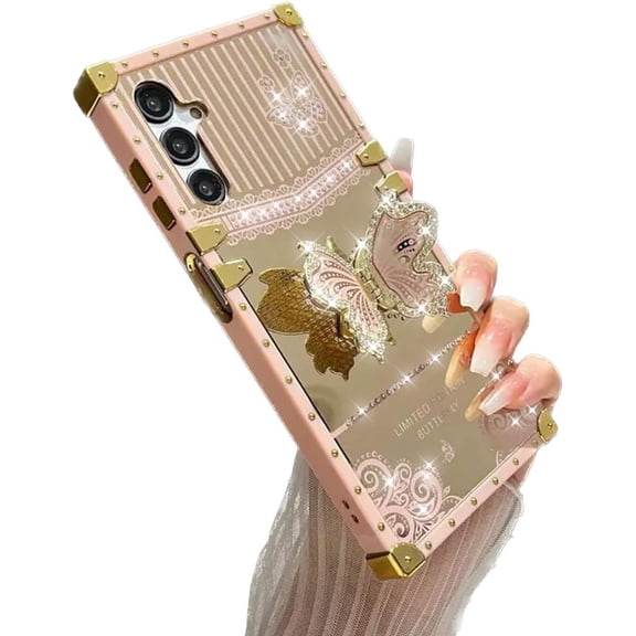 AuroiCYY for Samsung Galaxy A15 Case, Luxury Bling Diamond Butterfly Foldable Stand Kickstand Cover for Women Girly Mirror Lace Flexible Shockproof Protective Case for Samsung Galaxy A15 (Pink)