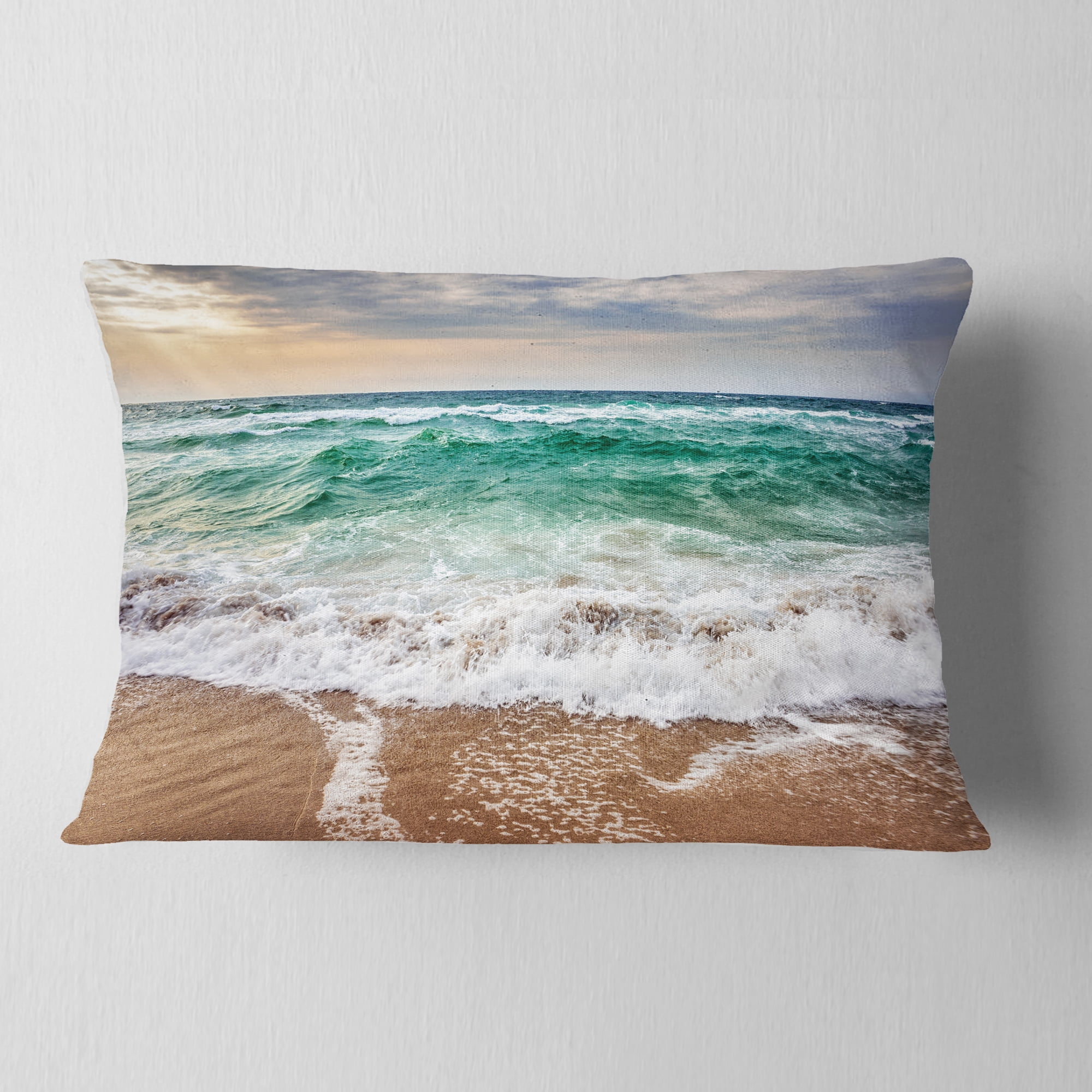 Designart Crystal Clear Blue Foaming Waves - Seascape Throw Pillow - 12x20