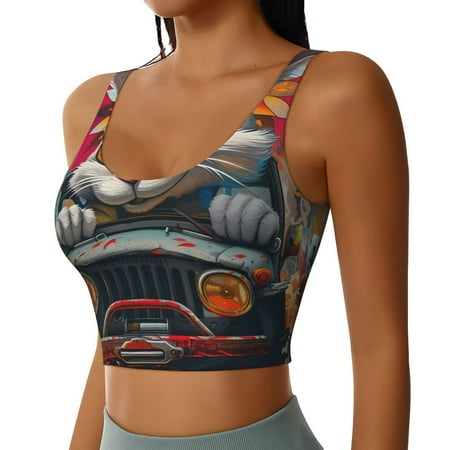 Haiem Vibrant Bunny Ride Pattern Womens Sports Bra - U Neck Padded Low Impact Yoga Bra Workout Crop Top Gym Moisture-Wicking Workout Vest -Large