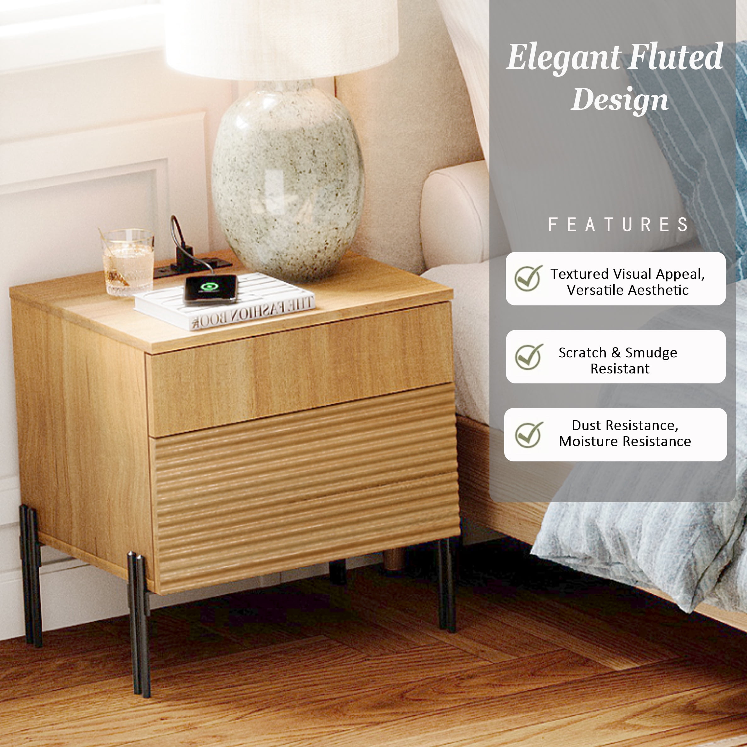 Modern Minimalist Nightstand Set Of 2, Reeded Wood End Table Set Of 2 With Built-In Charging Station For Bedroom, Living Room,Entryway