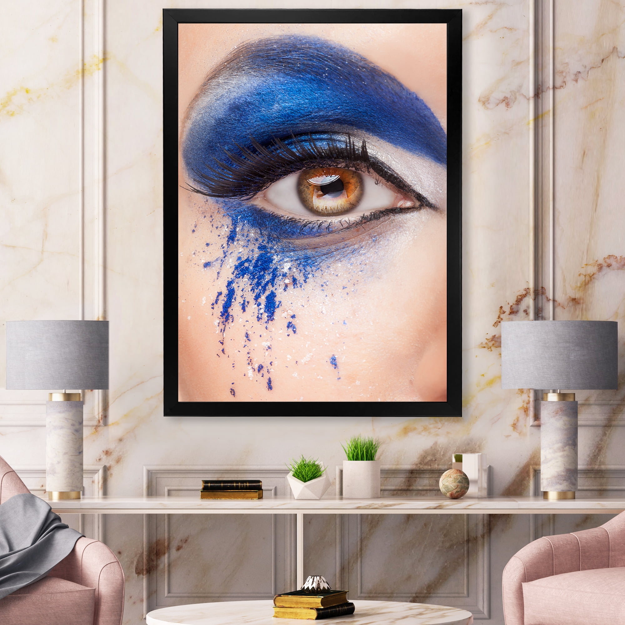 Designart 'Close Up Of Brown Eye With Blue Fantasy Make Up' Modern Framed Art Print