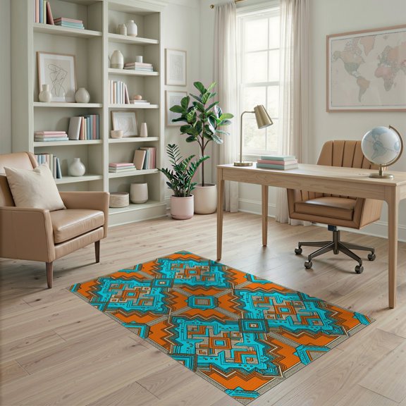 ODIKA 4'x6' Washable Area Rug Pet Friendly, Non-Shedding Blocks Zigzag Border Dot Memphis Retro Interlocking Funky Maximalist Refined for Bedroom, Reading Nook