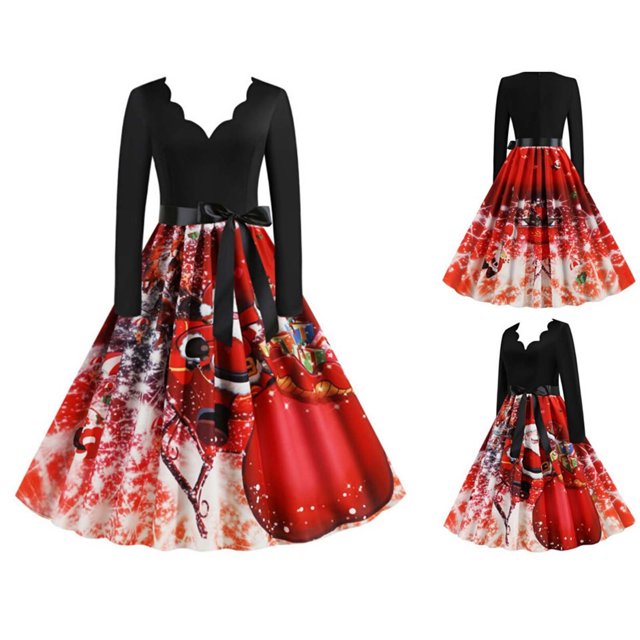 DPTALR Robe Vintage à Manches Longues Col en V Imprimée de Noël pour Femmes Robe de Soirée