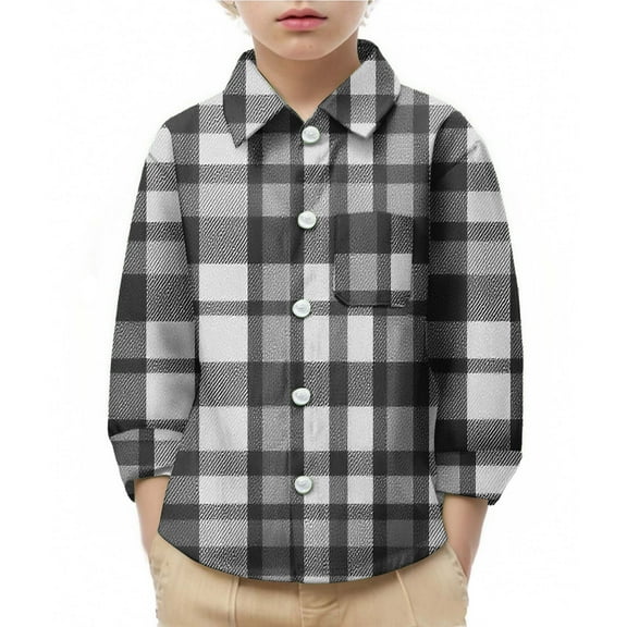 Cethrio Kids Boys Plaid Shirts, Long Sleeve Casual Collared School Button Down Shirts Black Size 5T