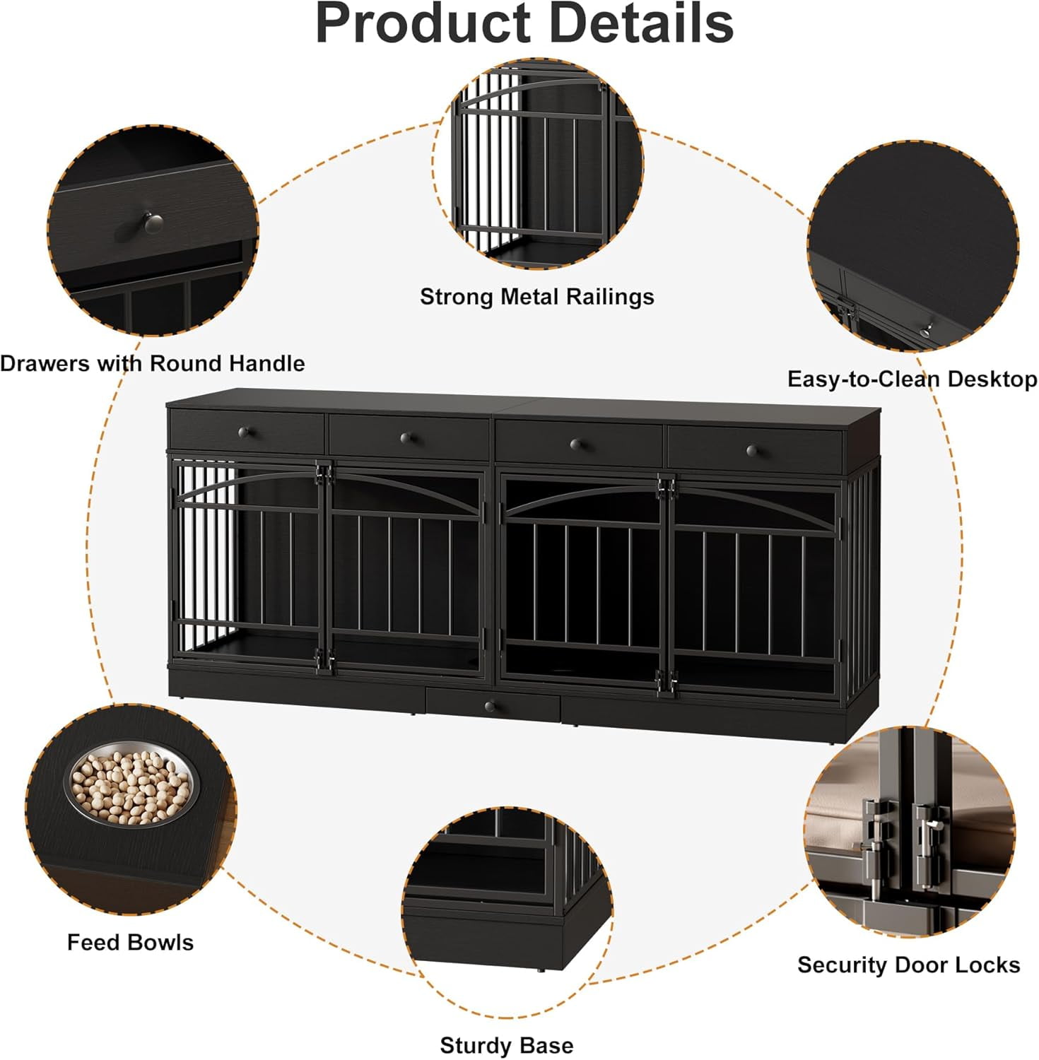IdealHouse Double Dog Crate Furniture for 2 Dogs, Indoor Pet Kennel TV Stand with 4 Storage Drawers & Feeding Bowls, for Small/Medium Dogs, Black