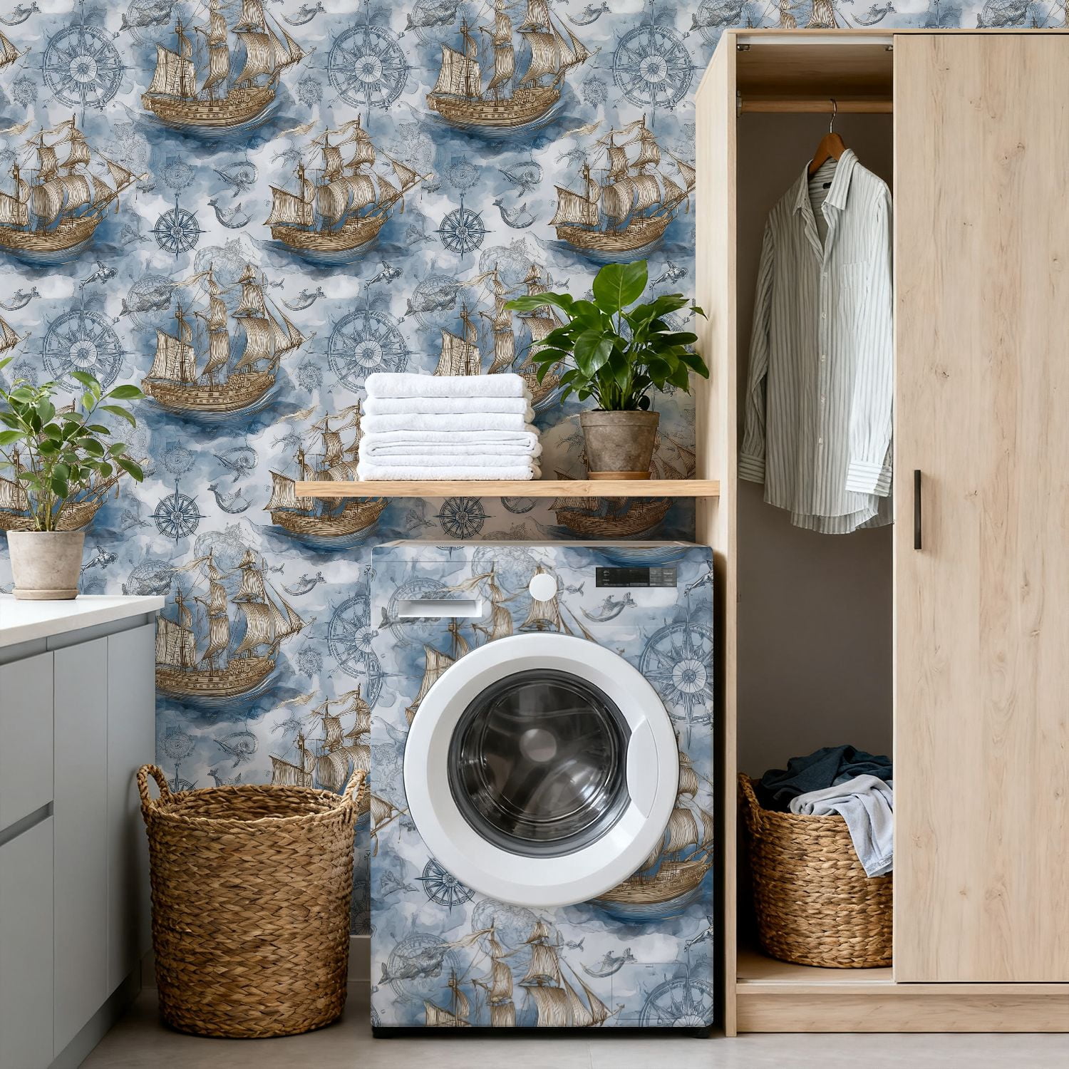 Peel and Stick Wallpaper Sailing Ships Nautical Map Vintage Compass Ocean Wall Mural 17.7in x 9.8ft Self Adhesive Removable Wall Paper Renter Friendly Wallpaper for Bedroom Livingroom Office Studio