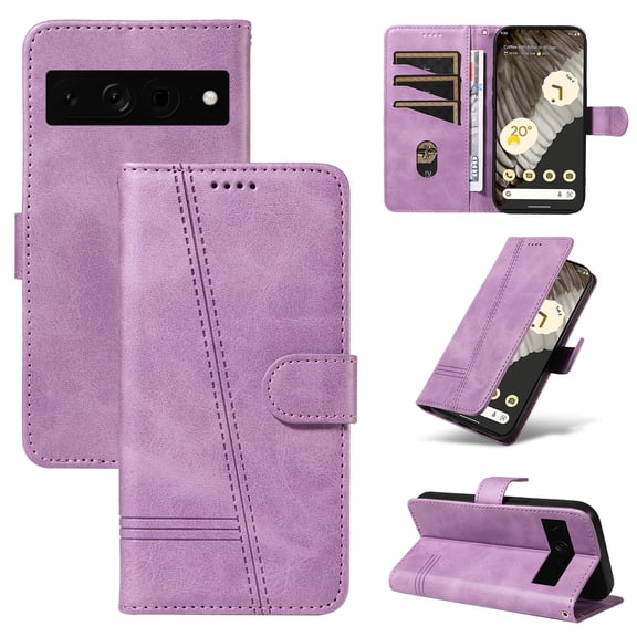 Designed for Google Pixel 7 Pro Wallet Case, Vintage PU Leather Stand Credit Card Holders Slots Lanyard Flip Folio Cover Case Full Body Protection Compatible with Google Pixel 7 Pro, Purple