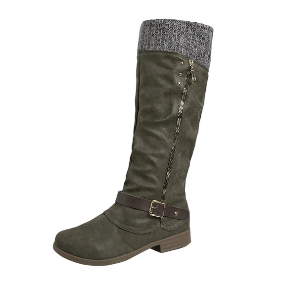 XUNKUSGA Knee High Boots Vintage Slouch Tall Knit Cuff Boots for Women Fashion Side Metal Zipper Buckle Strap Round Toe Low Block Heel Cowboy Boots for Fall Winter Army Green 5.5