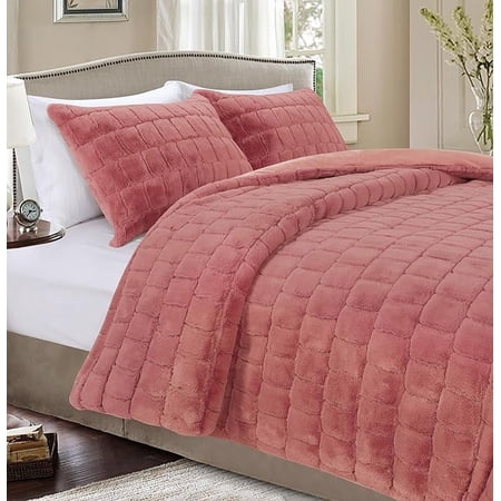 Elegant Comfort Bedding Set 3-Piece Faux Rabbit Fur Comforter Set - All Season Warm Down Alternative , Plush Micro-Mink 3PC Bedding Set with Matching Shams, Full, Dusty Rose