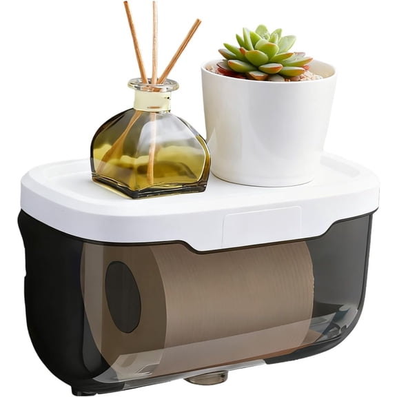 Wall Toilet Paper Holder with Cover, Plastic Transparent Full Covered Toilet Paper Roll Cover Box Toilet Paper Protector for Bathroom Kitchen (Black)