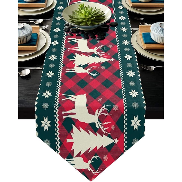 Chemins de Table avec Sapin de Noël, Orignal, Cerf, Rouges, à Carreaux Buffalo pour les Fêtes, Antidérapants, en Jute, Chemin de Table en Coton et Lin, Foulards de Table, Décor de Mise en Scène pour Ferme, Mariage, Fête, Souper, Maison, 13X70 Pouces