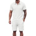 thumbnail image 3 of Zenithor Men's 2 Piece Rib Collar Shirts and Cargo Shorts Set Textured Short Sleeve Top Match Set Summer Beach Outfits S-3XL, 3 of 6