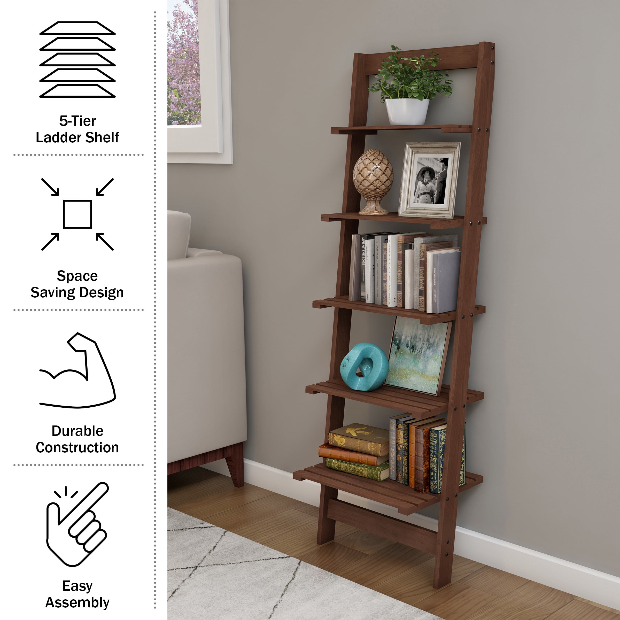 Lavish Home 5-Tier Slatted Wood Leaning Ladder Shelf in Walnut Finish for Narrow Storage