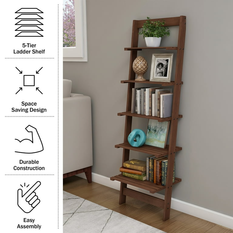 5 Tier Ladder Bookshelf Leaning Decorative Shelves for Display Walnut Black