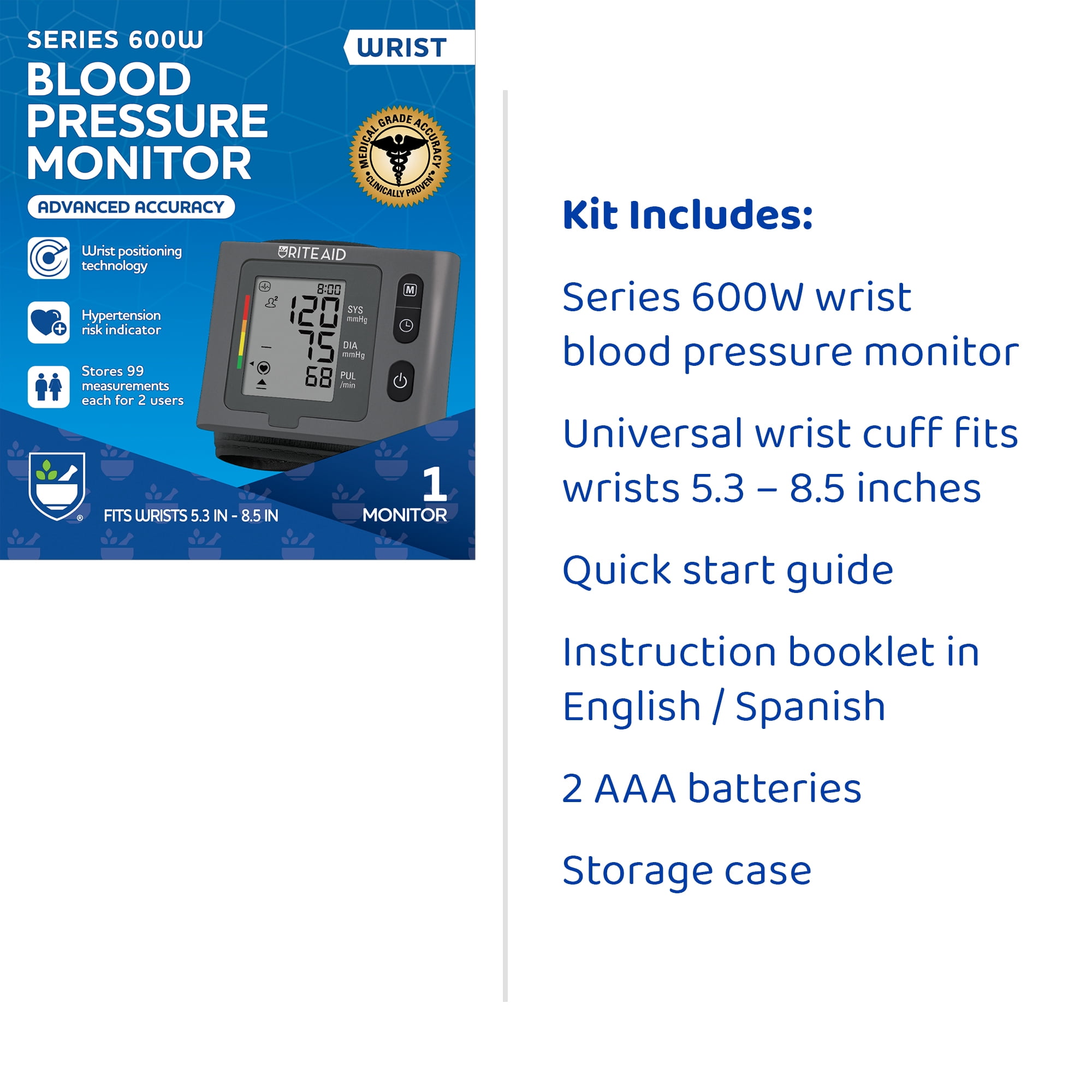 Rite Aid Series 600 Wrist Blood Pressure Monitor, 2 Users, Stores 198 Measurements