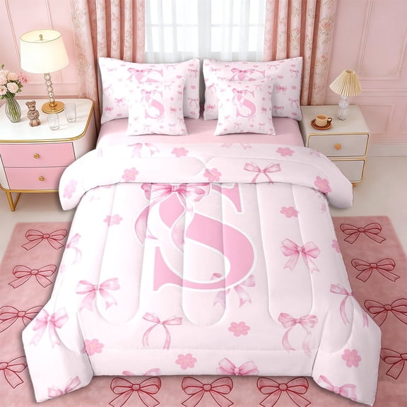 Erosebridal Letter Monogrammed S Pink Bow Twin Bedding Sets 7-Piece,Floral Cherry Blossoms Bedding Comforter Set,Pink Reversible,Breathable Home Decor
