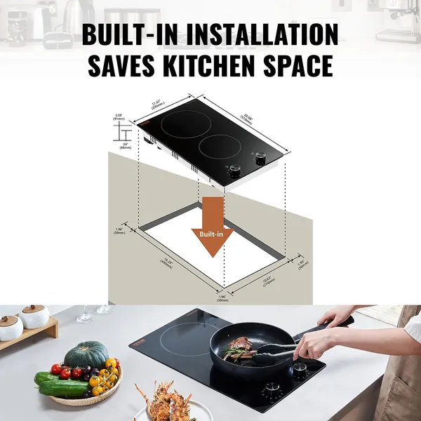 12 Inch 2 Burner Built-in Electric Cooktop 3000W Ceramic Glass Stove Top with Knob Control 11 Heat Levels 220-240V Hardwire