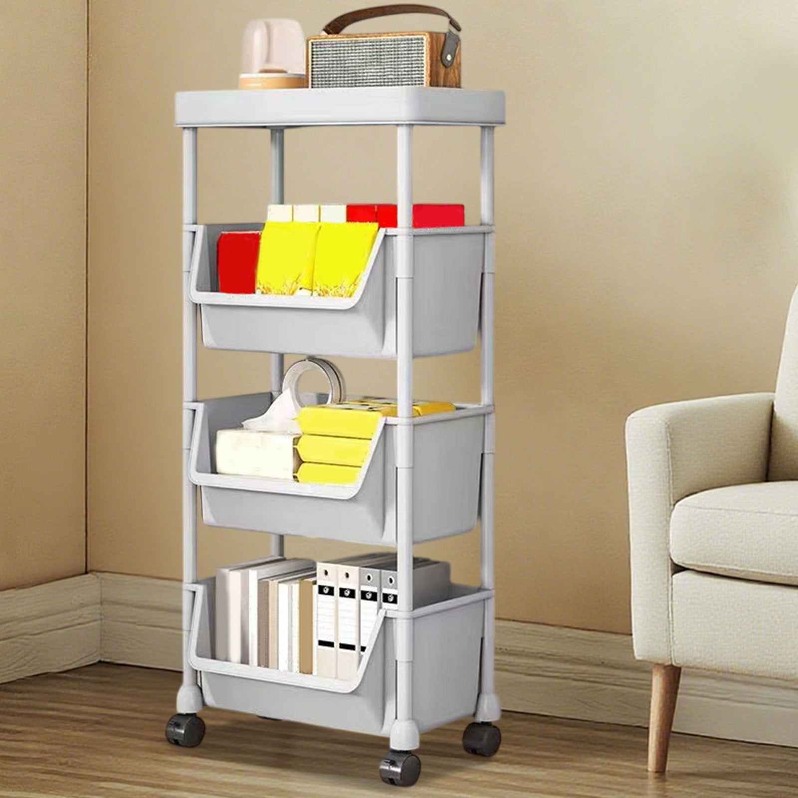YZHMYR Mobile Under-Table Storage Cart with Wheels Multi-Tier Plastic Bookcase Rolling Organizer Rack Dorm Room Book Storage Kitchen Pantry Organization for Office Home Classroom Desk Storage Supply