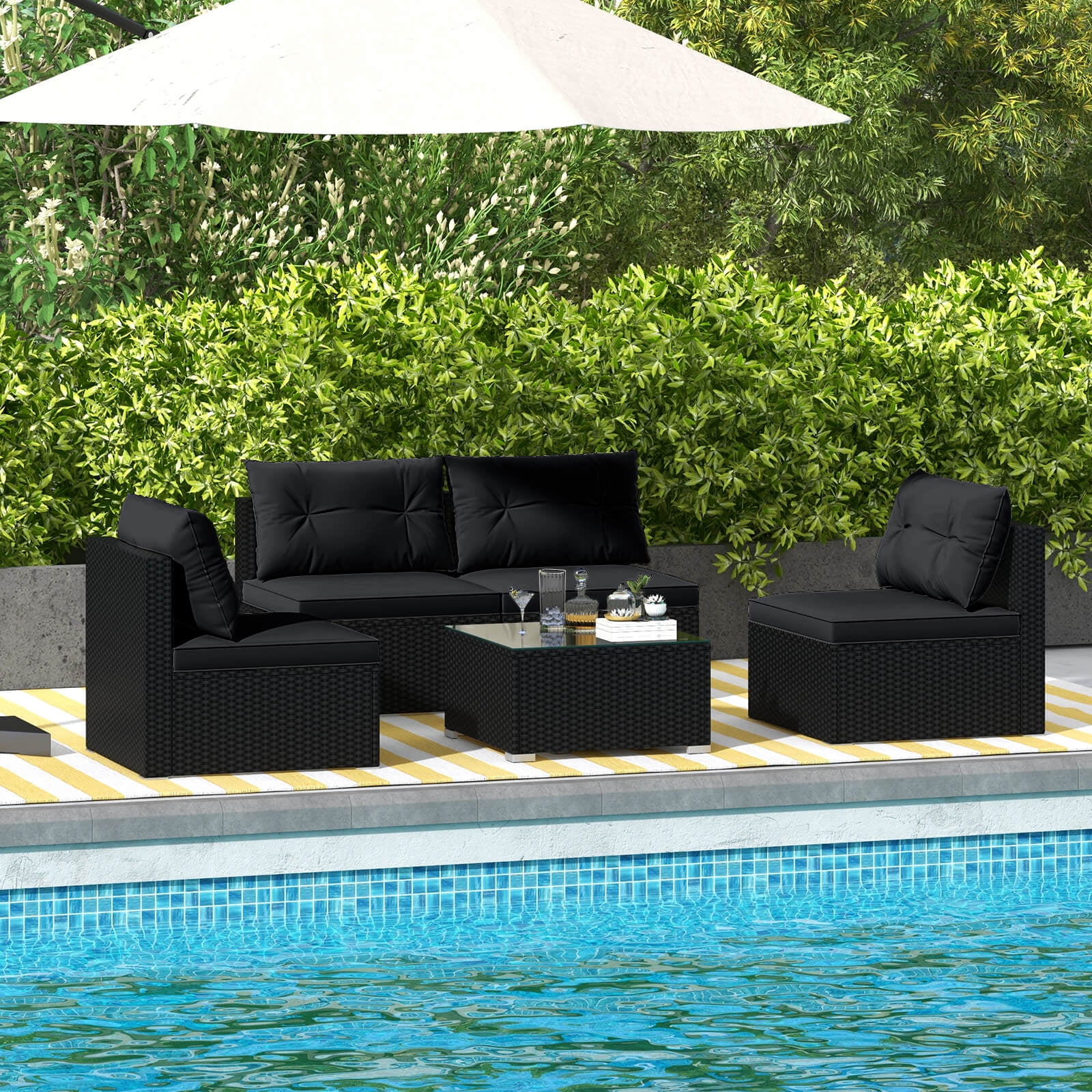 Costway 5 Piece Outdoor Furniture Set with Seat & Back Cushions Tempered Glass Tabletop Black