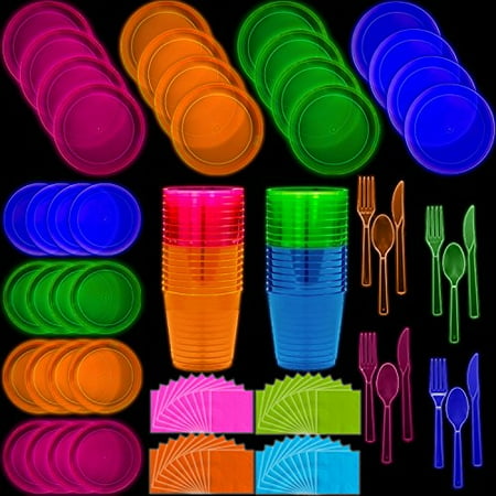 Glow Cup - Neon Disposable Party Supplies Set, 16 Guest - 2 Size Plates, Tumbler Cups, Napkins, Cutlery | Glows Under Black Light or UV - Pink, Green, Blue, Orange | For Birthday, Clubs, 80s Festivals, and More