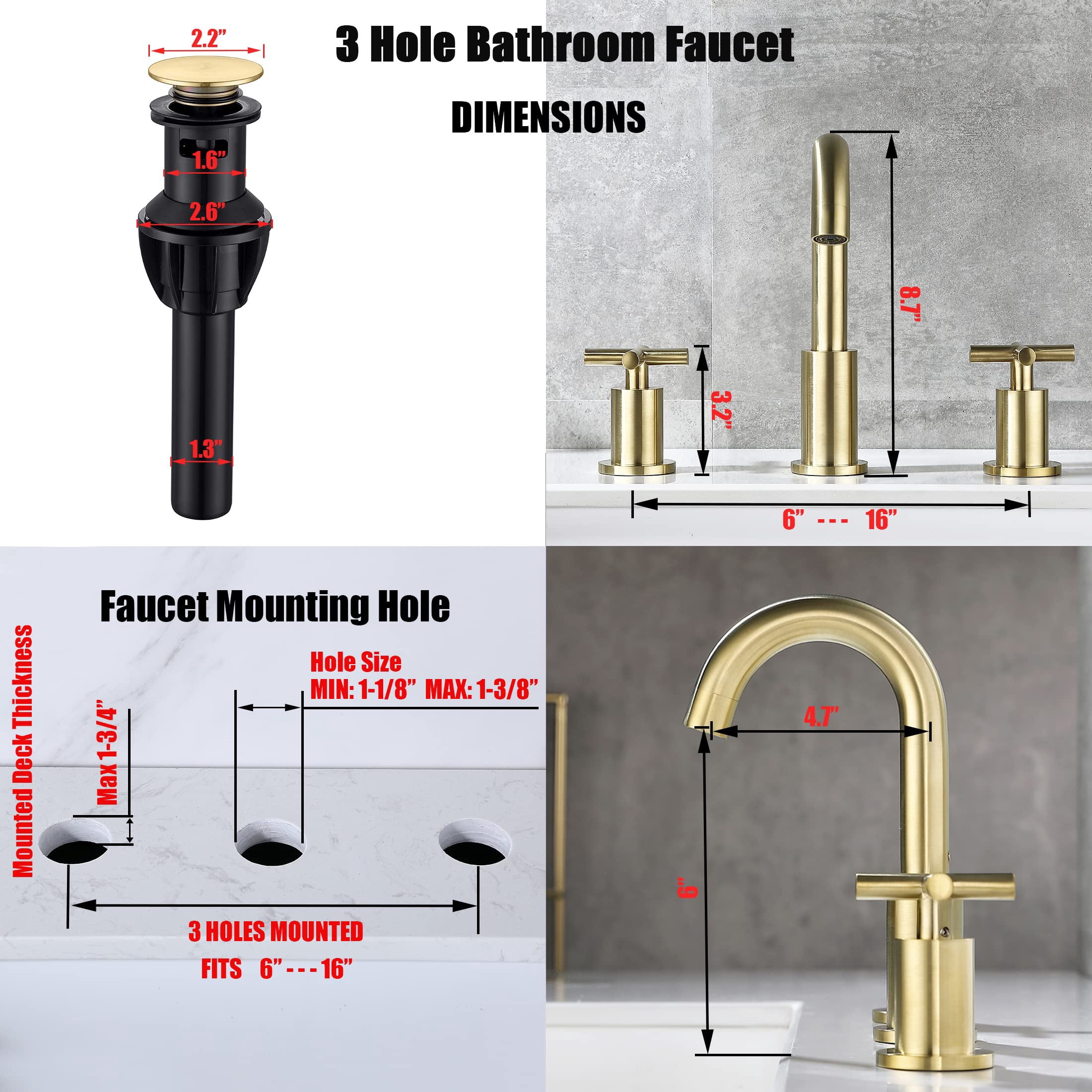 Adorer 8 Inches Widespread Bathroom Faucet, 3 Hole Brushed Gold Bathroom Sink Faucet with Pop-up Drain - 32133BG
