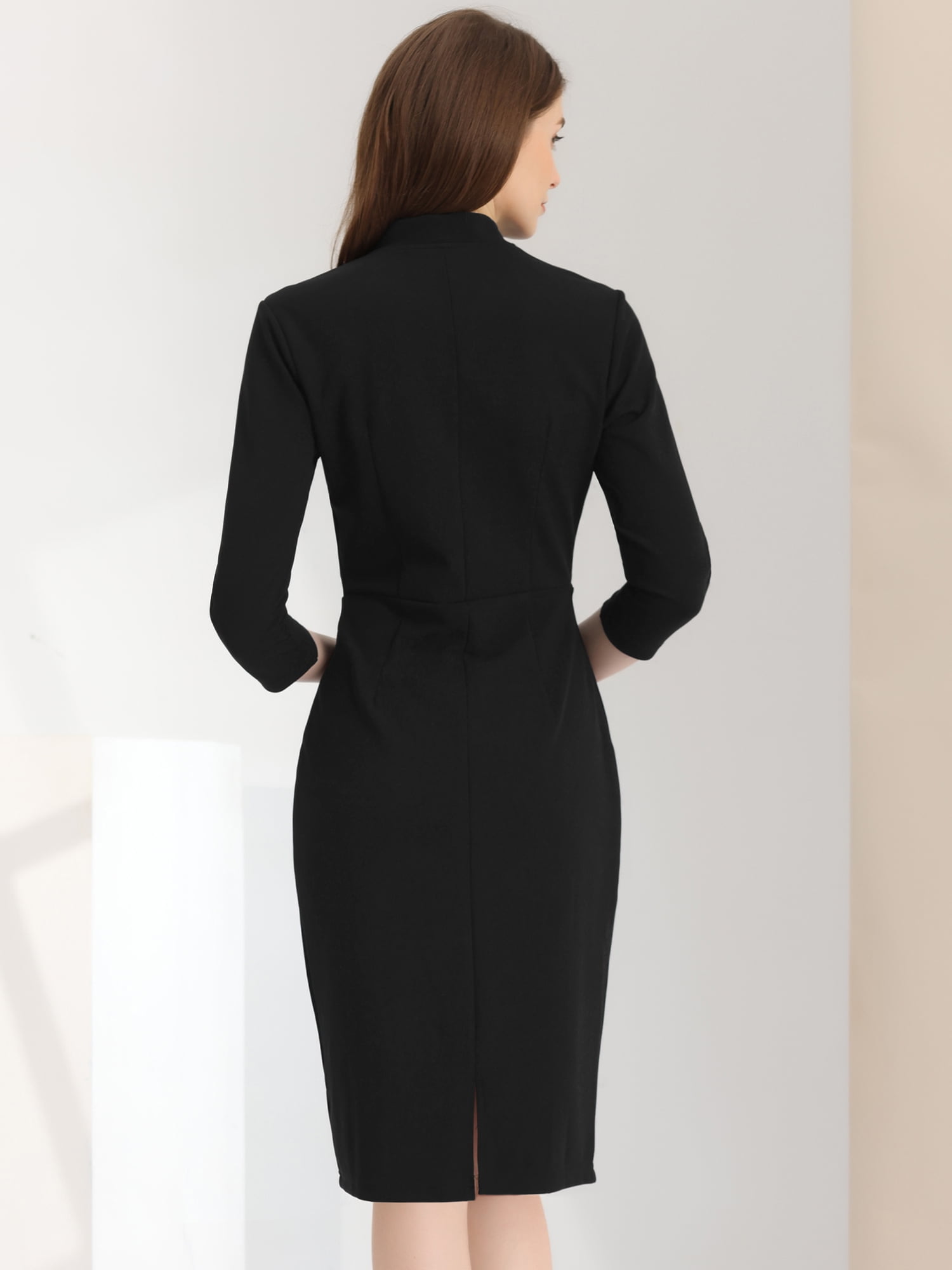 Unique Bargains Women's 3/4 Sleeve Knee Length Midi Work Bodycon Dress XL Black