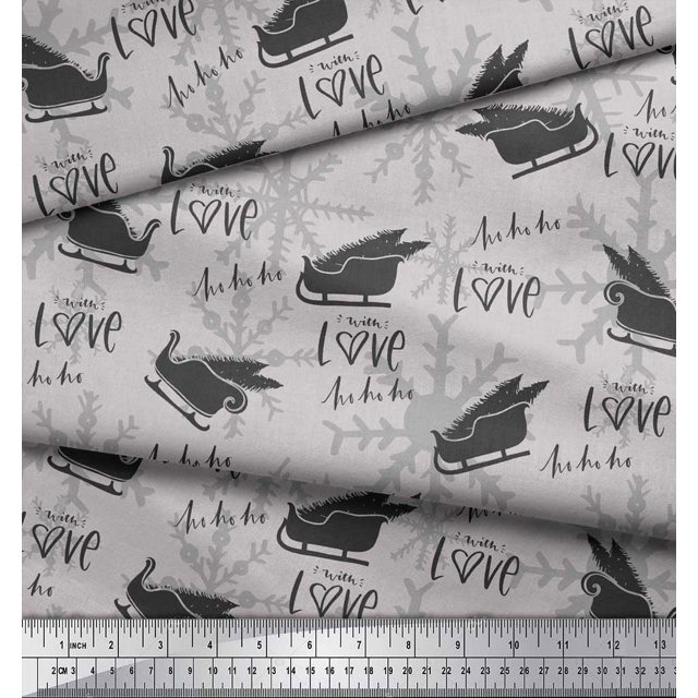 Soimoi Modal Satin Fabric Sleigh & with Love Text Printed Fabric 1 Yard 42 Inch Wide