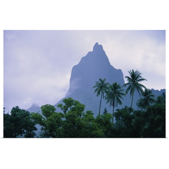 Great BIG Canvas | "French Polynesia, Moorea, View Of Mount Opunohu, Gray Skies And Palm Trees" Art Print - 36x24