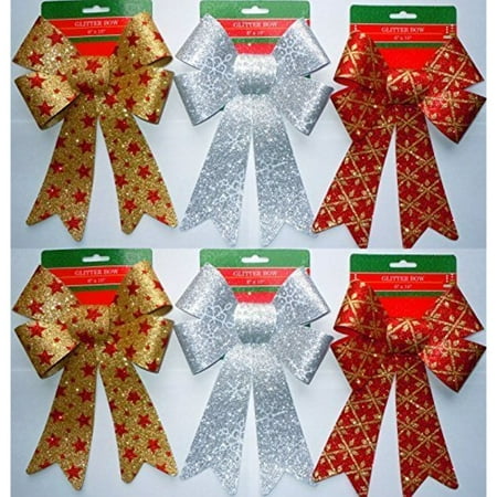 3 Inch Bow - Glitter Christmas Bows 6x10 Inches - 6 Large Bows with 3 Different Styles Included