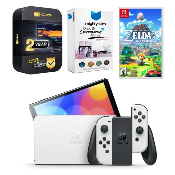 Nintendo Switch White OLED Console with The Legend of Zelda: Link's Awakening, MightySkins Console and Controller Skin Voucher, and 2 Year CPS Extended Warranty