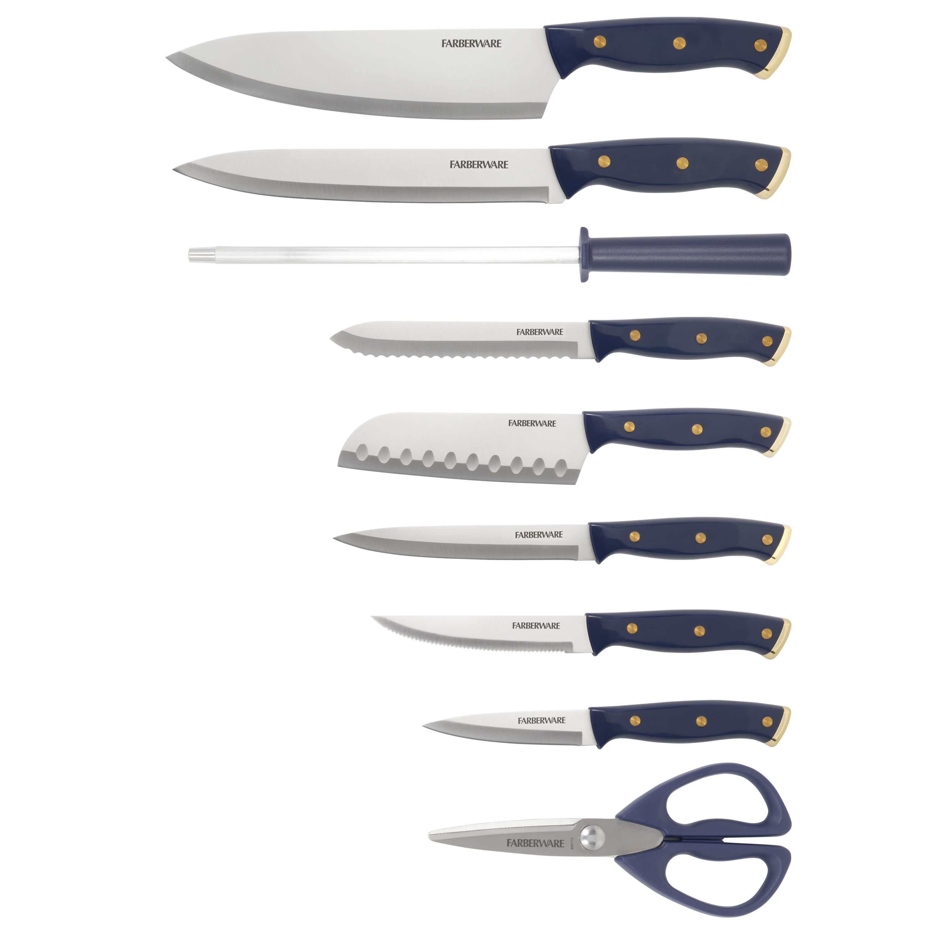 Fingerhut - Farberware 15-Pc. Knife Block Set - Navy Blue/Goldtone