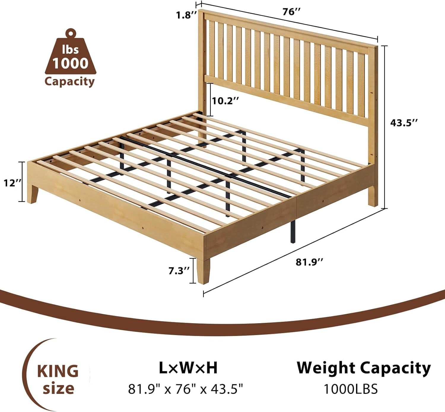 VanAcc King Size Bed Frame, Solid Wood Platform with Wooden Headboard for Bedroom, Natural