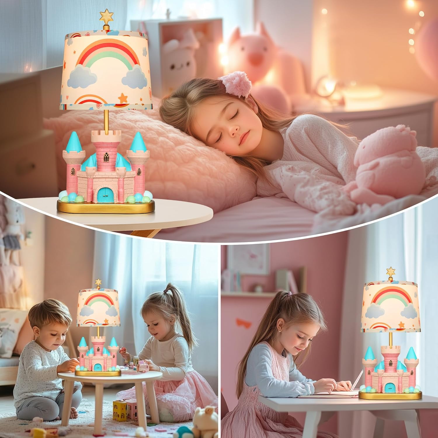 Castle Bedside Table Lamp for Kid Pink Princess Nursery Lamp for Girl Bedroom Nightstand Decor Cute Desk Lamp