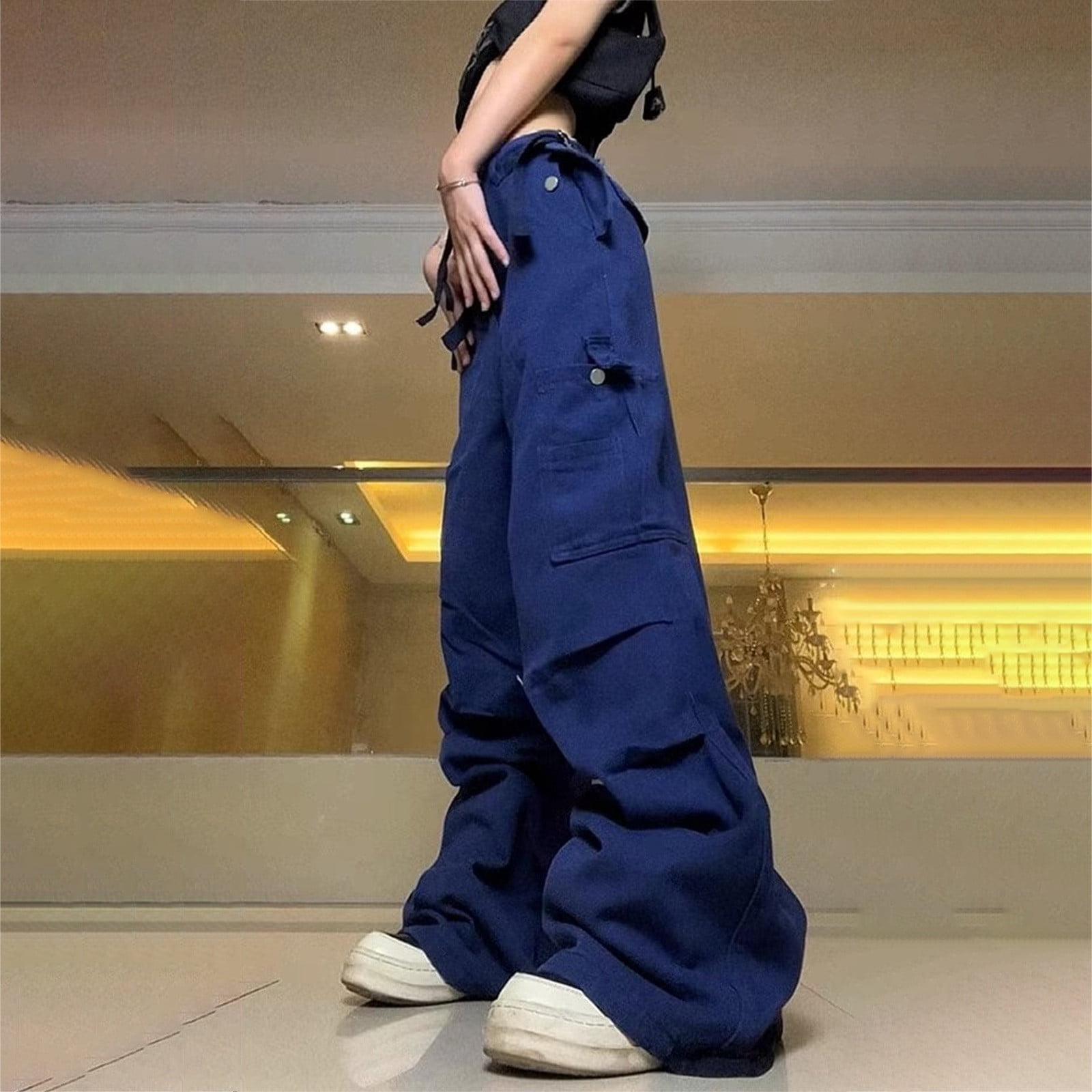Womens Pants ApartWoment 9 Pants Female Hip Hop Multi Pocket Spring and Summer Style Retro High Street Trend Casual Cargo Adult Female Clothes Navy