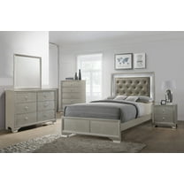 Modern Champagne Faux Finish 6pc Twin Size LED Backlit HB Bed Dresser Mirror Nightstand Wooden Bedroom Storage Furniture Set