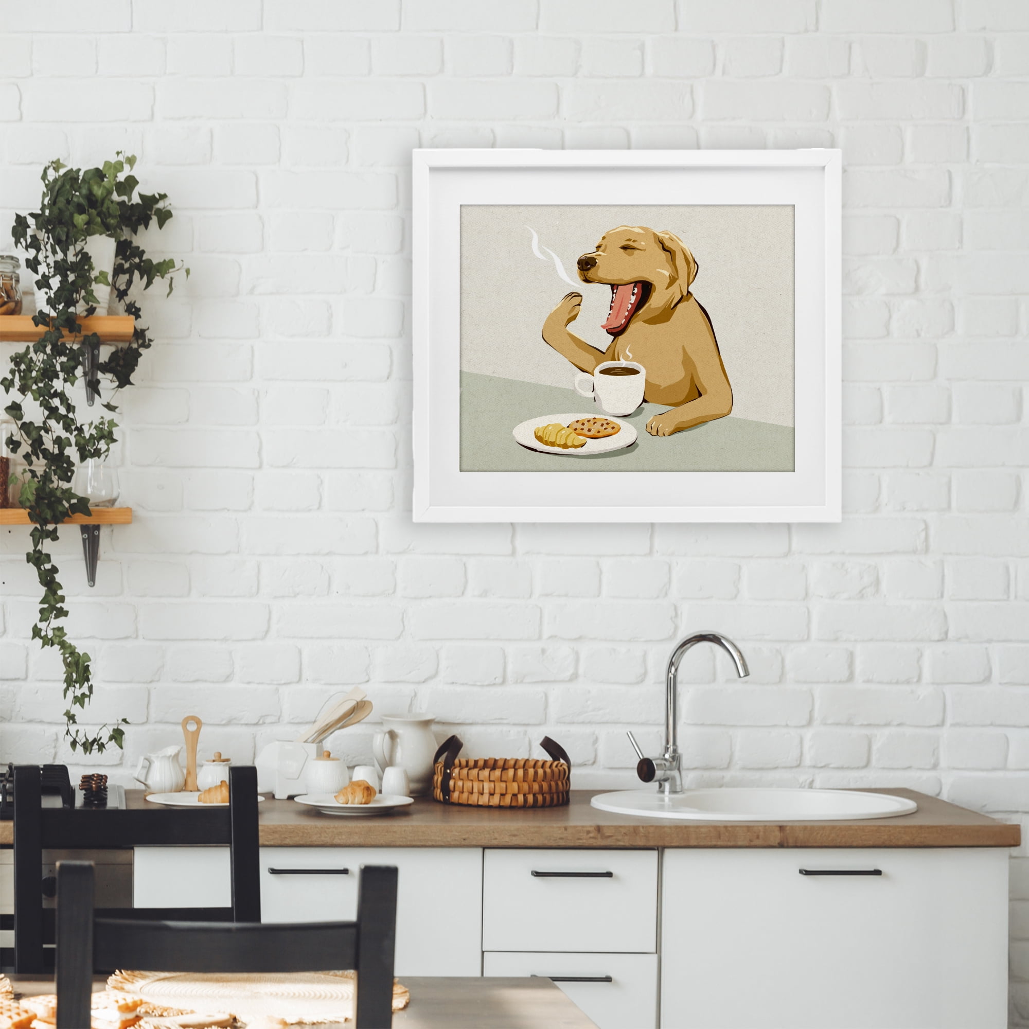 Stupell Industries Yawning Dog with Morning Coffee White Framed Print Under Glass, design by Ziwei Li