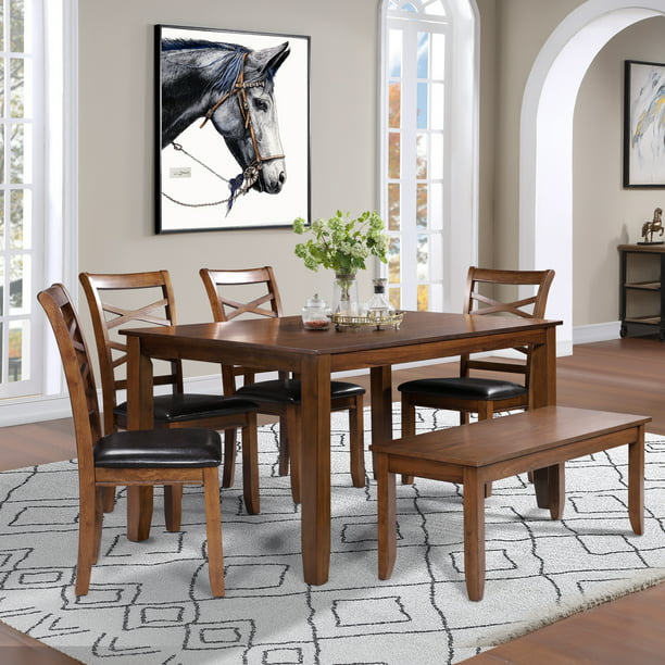 Lnc Dining Table Set For 6 With Bench, Rubberwood Dining Table And Chairs
