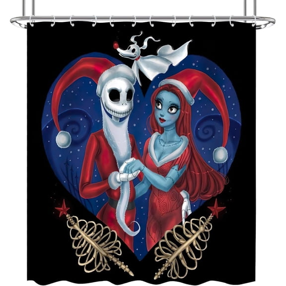 NIGHTMARE BEFORE CHRISTMAS Shower Curtain Fabric, Cool Cartoon Merry Christmas Jack Skellington and Sally Shower Curtains for Kids Christmas Bathroom Decor with 12 Hooks (Color-17)