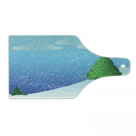 Snowy Trees Cutting Board, Snowflakes Pouring onto Pine Trees on a Hill, Decorative Tempered Glass Cutting and Serving Board, in 3 Sizes, by Ambesonne
