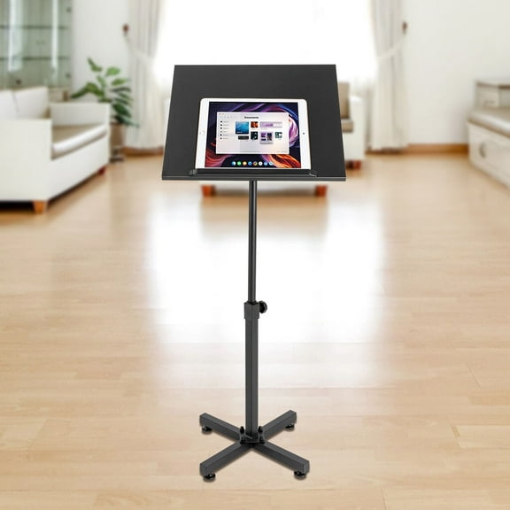 Lectern Podium Stand 114cm Solid Wood and Steel Adjustable Footrest and Swivel Panels, Black
