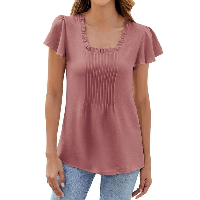 Mujeres de Manga Corta Tops Casual Color Sólido Cuadrado Cuello Ruffled Camiseta Blusa, Poliéster Moda Superior, Lavado a Mano Casa de Uso Diario