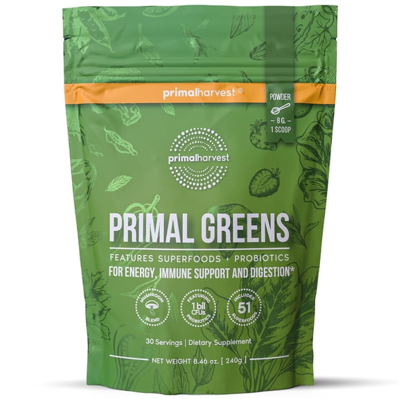 Primal Harvest Greens Powder, 30 Scoops, Veggie Fruit and Vegetable Blend for Smoothies