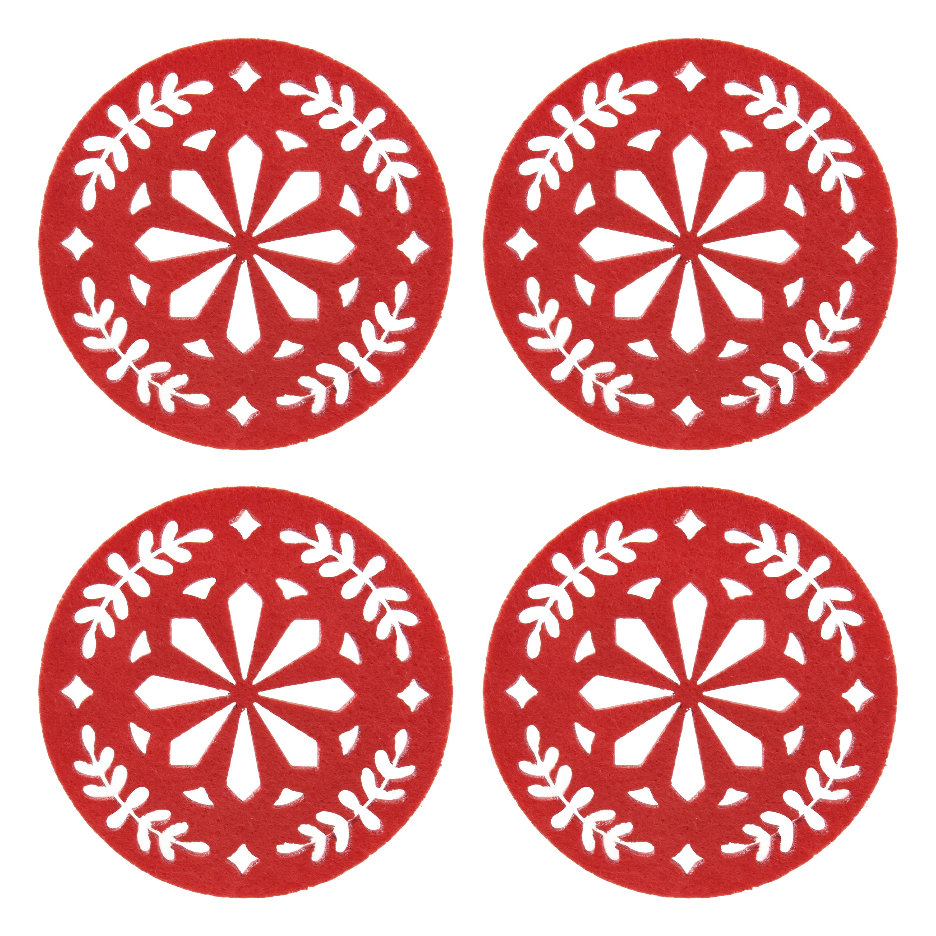 Lot de 4 dessous de verre festifs en feutre rouge avec décorations de Noël Holiday Time, Protecteur de table d'isolation thermique