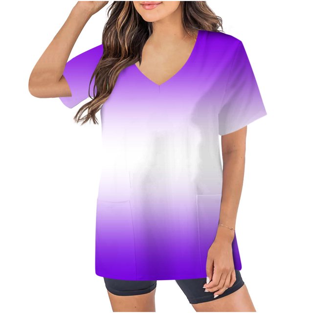 Tumotour Summer Tops For Women Printing V Neck T Shirts With Pockets Soft Short Sleeve Basic Tees Spring Casual Blouse Tops 2025 Working Uniform