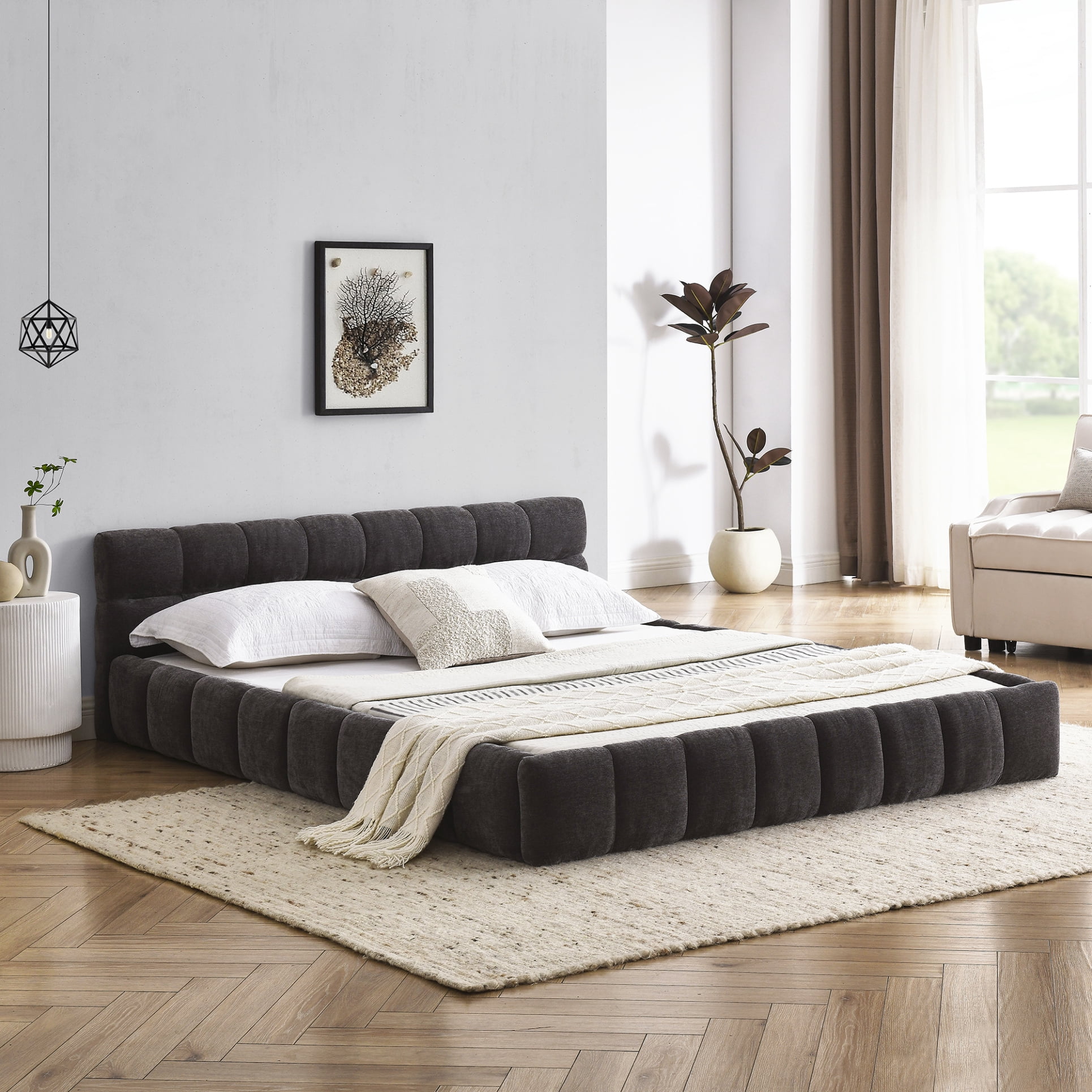Queen Size Upholstered Bed Frame,No Box Spring Needed, Sturdy Solid Wood Platform Bed with Thick Chenille Fabric & Headboard , Easy Assembly, Modern Bedroom Upgrade, Durable Design, Dark Grey