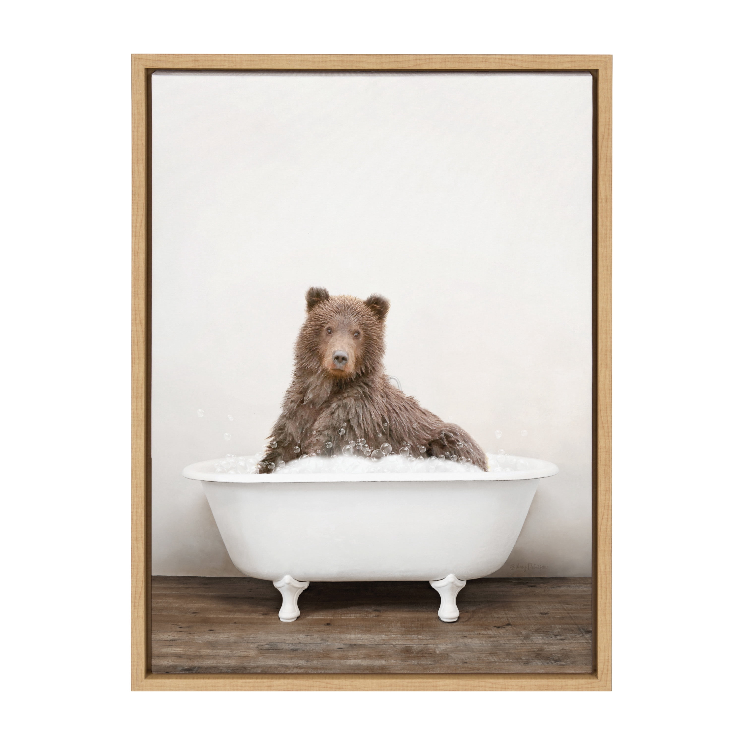 Kate and Laurel Sylvie Bear Rustic Bubble Bath Framed Canvas Wall Art by Amy Peterson Art Studio, 18x24 Natural, Modern Fun Decorative Bathtub Wall Art for Home Décor