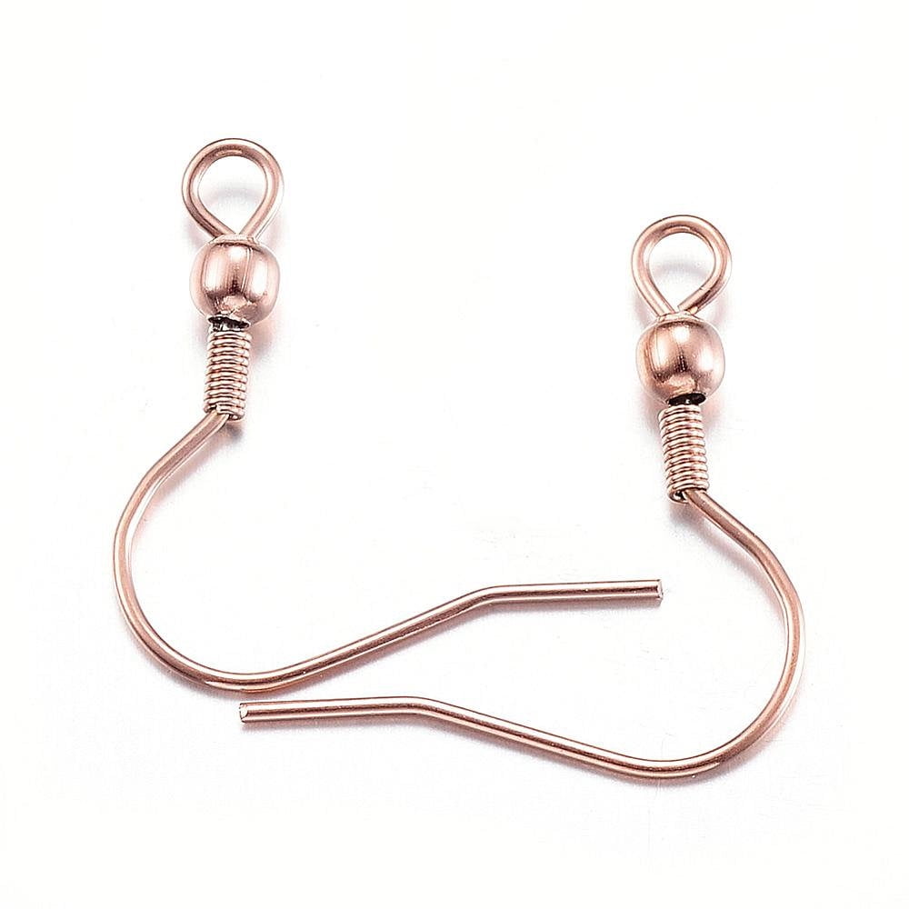 E543 - 50 pcs 304 Stainless Steel Rose Gold Earring Hooks with Spring and Ball - 20mm x 19mm - Hole: 2mm - 0.8mm Pin - Light Rose Gold Tone