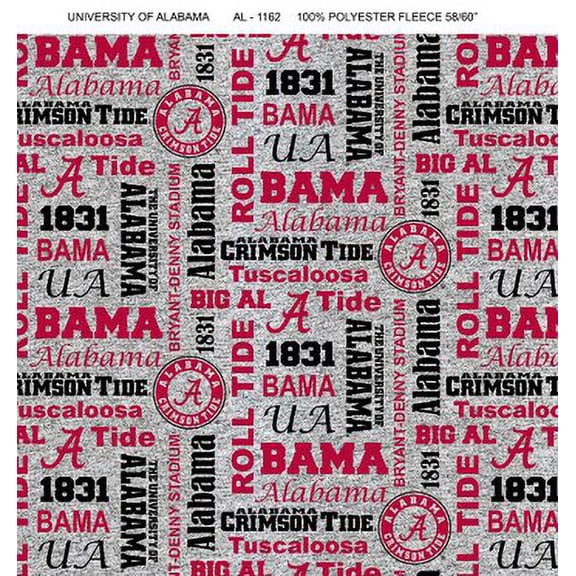 University of Alabama Crimson Tide Verbiage Heather Grey Fleece Design-Sold by the Yard