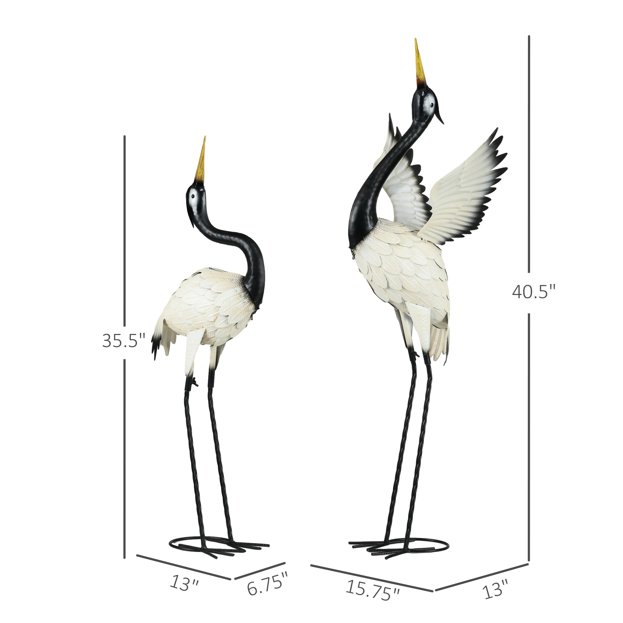 Outsunny Heron Garden Statues, 35.5" & 40.5" Standing Bird Sculptures, Metal Yard Art Decor, Landscape Decoration Set of 2, White & Black