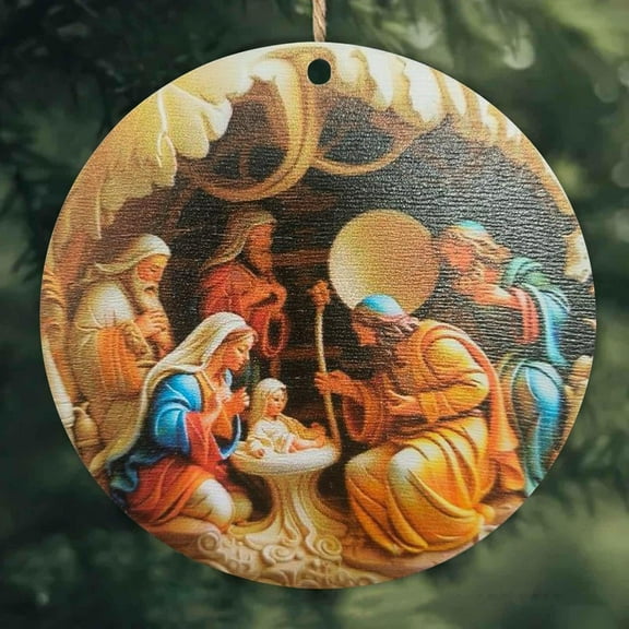 YgkuHd Christmas Nativity Scene Wreath Ornament, Hand-Painted Figurine Wall Hanging for Tree Decor, Decorations for Front Door, Mantel - Religious Christmas Gift, 2.9Inch